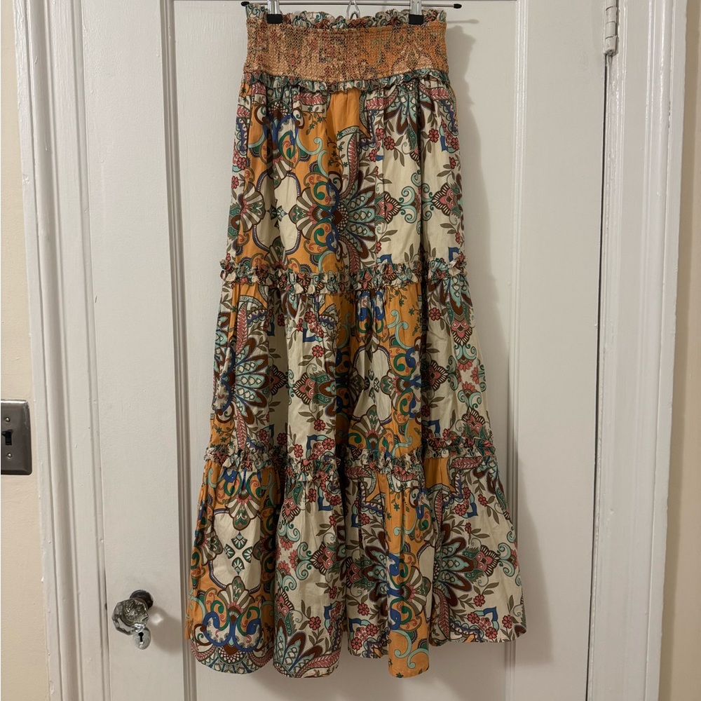 Love Orange Cream Smocked Tiered Maxi Skirt
